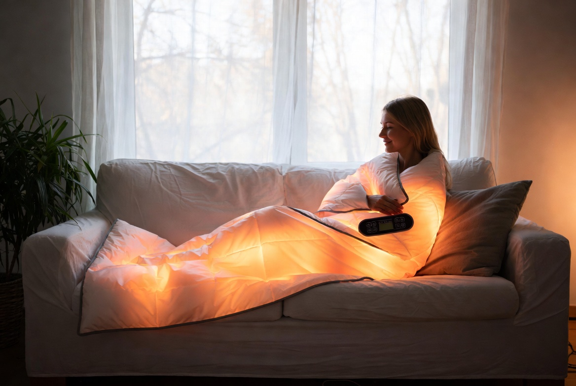 Person relaxing with a portable infrared sauna blanket at home