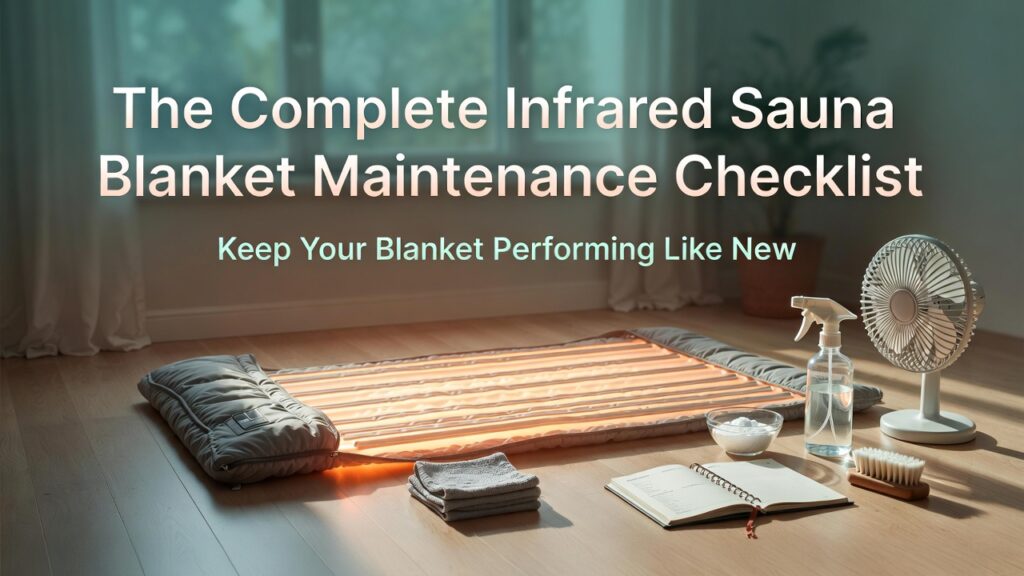 The complete infrared sauna blanket maintenance checklist showing a premium sauna blanket with daily weekly monthly cleaning supplies and checklist items