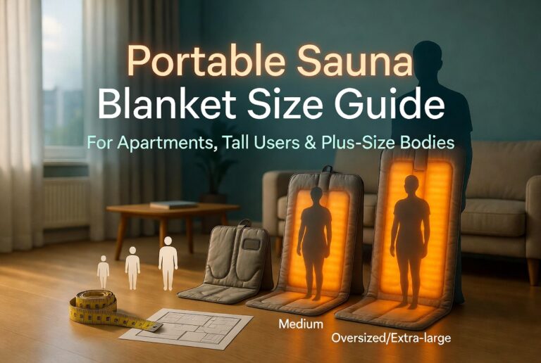 Portable sauna blanket size guide showing different sizes for apartments, tall users, and plus-size bodies with real measurements and floor plans